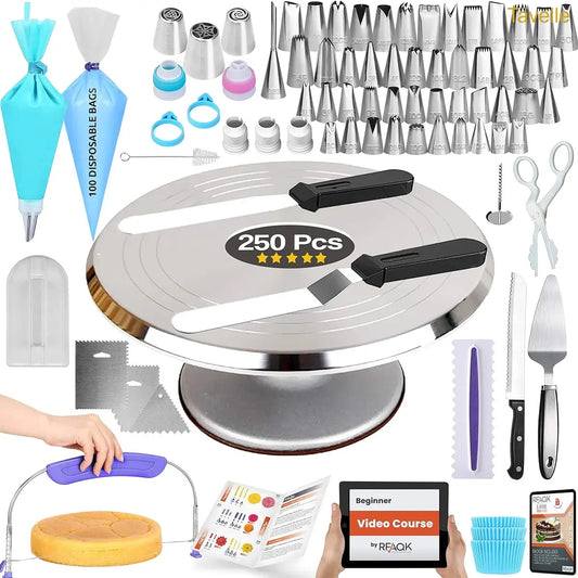 250-Piece Cake Decorating Kit with Metal Turntable & Piping Tips