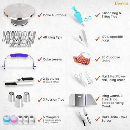 250-Piece Cake Decorating Kit with Metal Turntable & Piping Tips