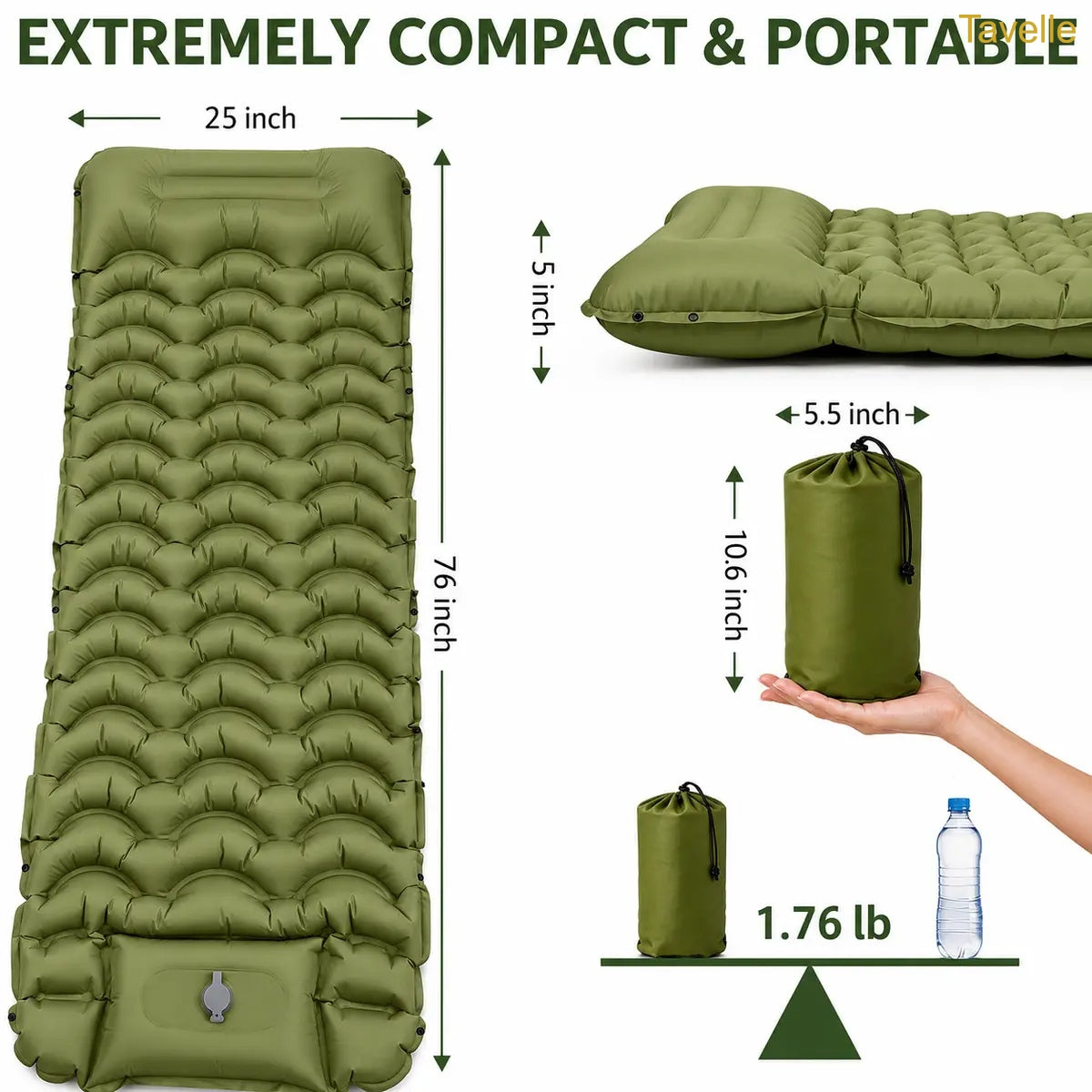 Extra Thick 5" Inflatable Camping Sleeping Pad with Built-in Pillow & Pump
