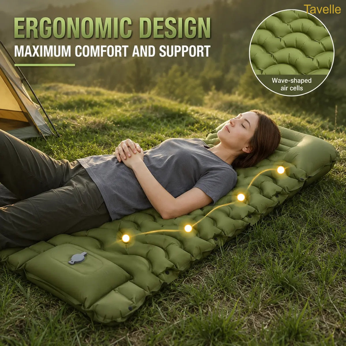 Extra Thick 5" Inflatable Camping Sleeping Pad with Built-in Pillow & Pump