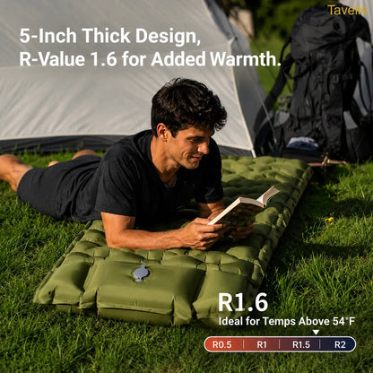 Extra Thick 5" Inflatable Camping Sleeping Pad with Built-in Pillow & Pump