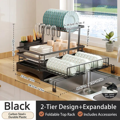 Foldable Over Sink Dish Drying Rack – 2-Tier Pull-Out Kitchen Organizer with Utensil Holder, Space-Saving Countertop Dish Rack