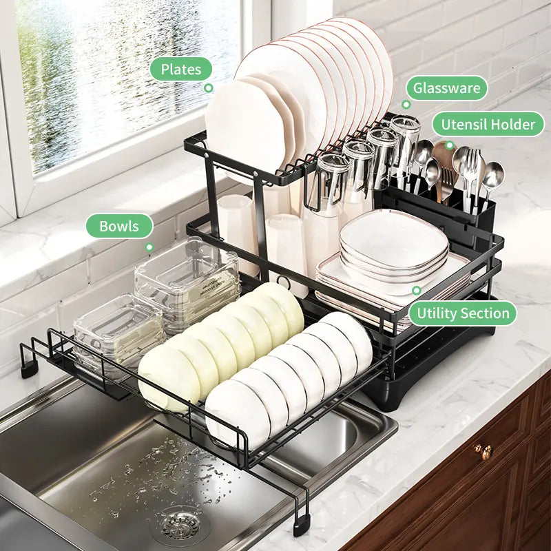 Foldable Over Sink Dish Drying Rack – 2-Tier Pull-Out Kitchen Organizer with Utensil Holder, Space-Saving Countertop Dish Rack