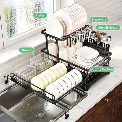 Foldable Over Sink Dish Drying Rack – 2-Tier Pull-Out Kitchen Organizer with Utensil Holder, Space-Saving Countertop Dish Rack