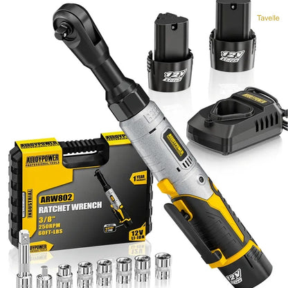3/8" Cordless Electric Ratchet Wrench Set – 12V 60FT-LBS with 2 Batteries & Sockets