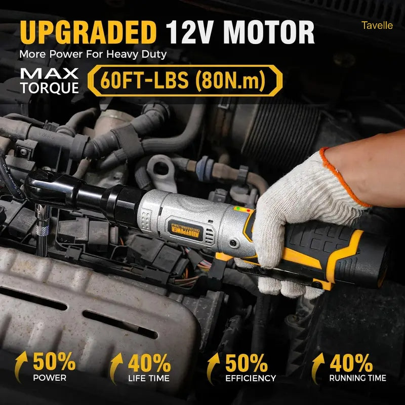 3/8" Cordless Electric Ratchet Wrench Set – 12V 60FT-LBS with 2 Batteries & Sockets