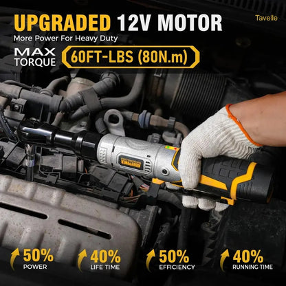 3/8" Cordless Electric Ratchet Wrench Set – 12V 60FT-LBS with 2 Batteries & Sockets