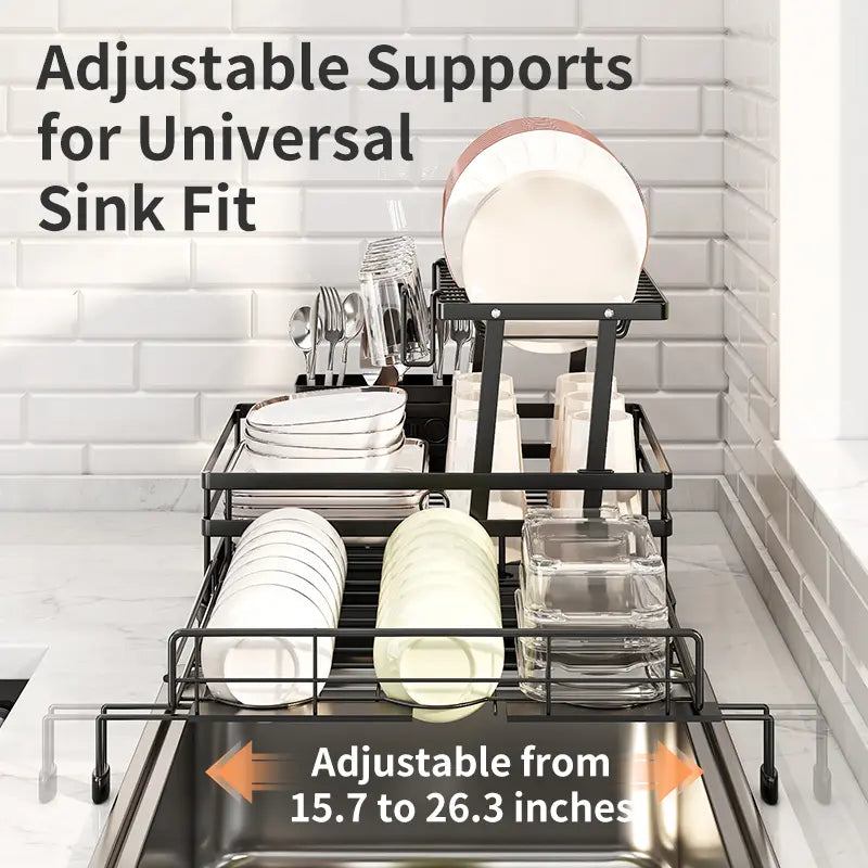 Foldable Over Sink Dish Drying Rack – 2-Tier Pull-Out Kitchen Organizer with Utensil Holder, Space-Saving Countertop Dish Rack