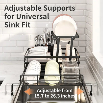 Foldable Over Sink Dish Drying Rack – 2-Tier Pull-Out Kitchen Organizer with Utensil Holder, Space-Saving Countertop Dish Rack