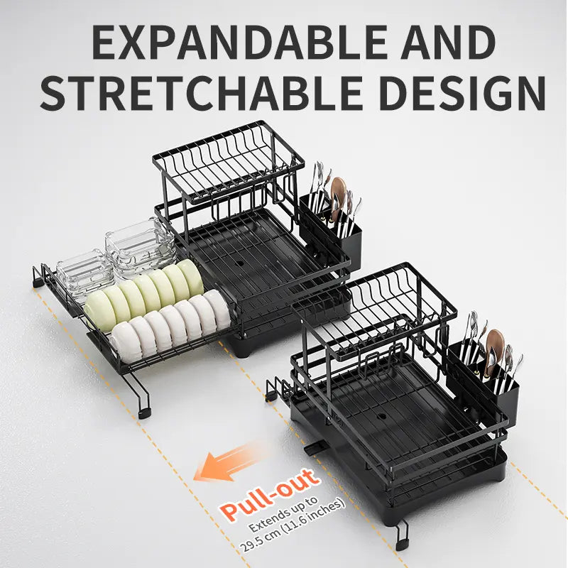 Foldable Over Sink Dish Drying Rack – 2-Tier Pull-Out Kitchen Organizer with Utensil Holder, Space-Saving Countertop Dish Rack