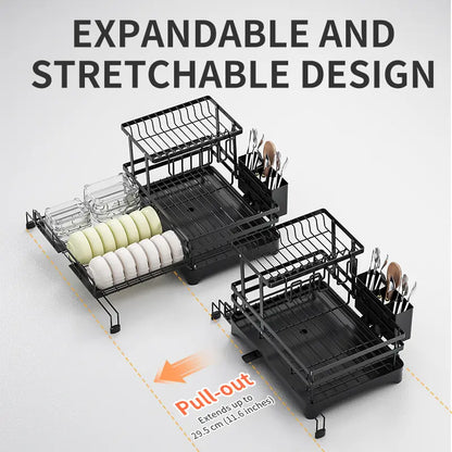 Foldable Over Sink Dish Drying Rack – 2-Tier Pull-Out Kitchen Organizer with Utensil Holder, Space-Saving Countertop Dish Rack