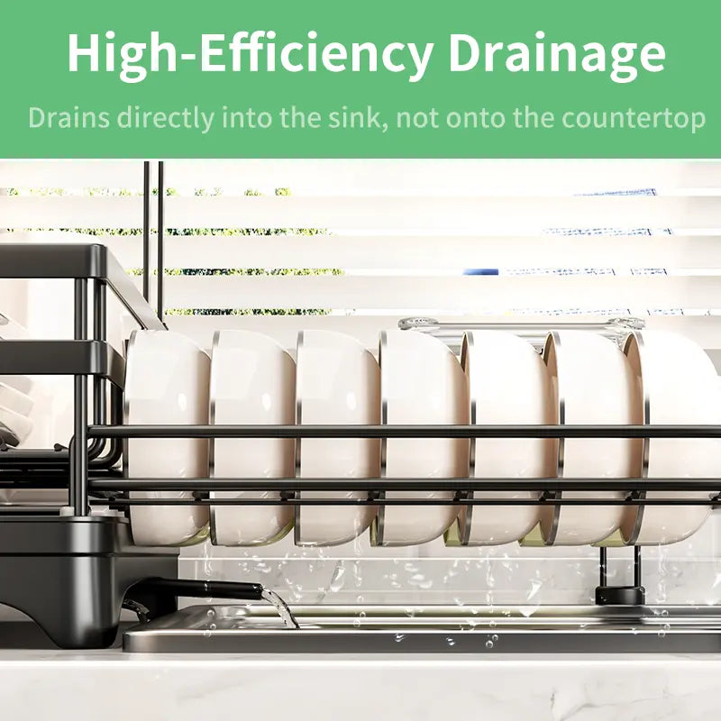 Foldable Over Sink Dish Drying Rack – 2-Tier Pull-Out Kitchen Organizer with Utensil Holder, Space-Saving Countertop Dish Rack