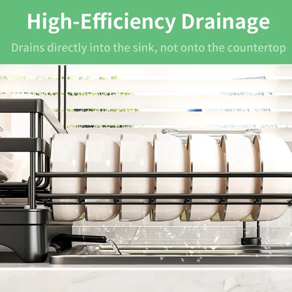 Foldable Over Sink Dish Drying Rack – 2-Tier Pull-Out Kitchen Organizer with Utensil Holder, Space-Saving Countertop Dish Rack