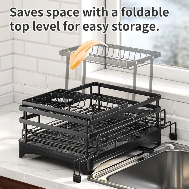 Foldable Over Sink Dish Drying Rack – 2-Tier Pull-Out Kitchen Organizer with Utensil Holder, Space-Saving Countertop Dish Rack