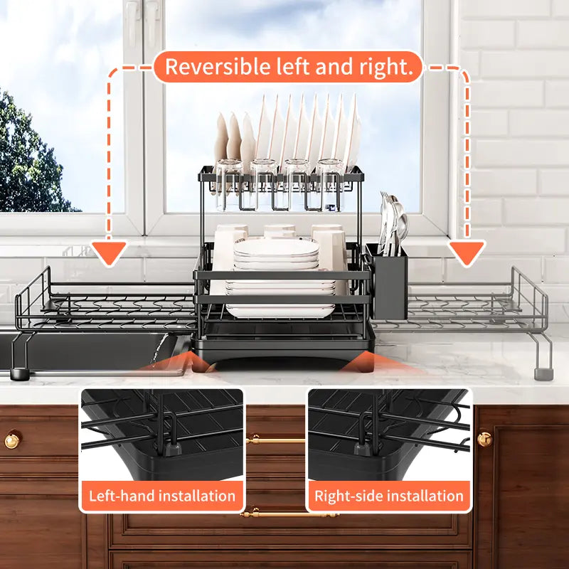 Foldable Over Sink Dish Drying Rack – 2-Tier Pull-Out Kitchen Organizer with Utensil Holder, Space-Saving Countertop Dish Rack