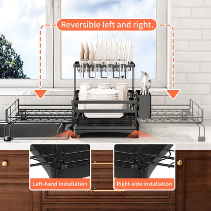 Foldable Over Sink Dish Drying Rack – 2-Tier Pull-Out Kitchen Organizer with Utensil Holder, Space-Saving Countertop Dish Rack
