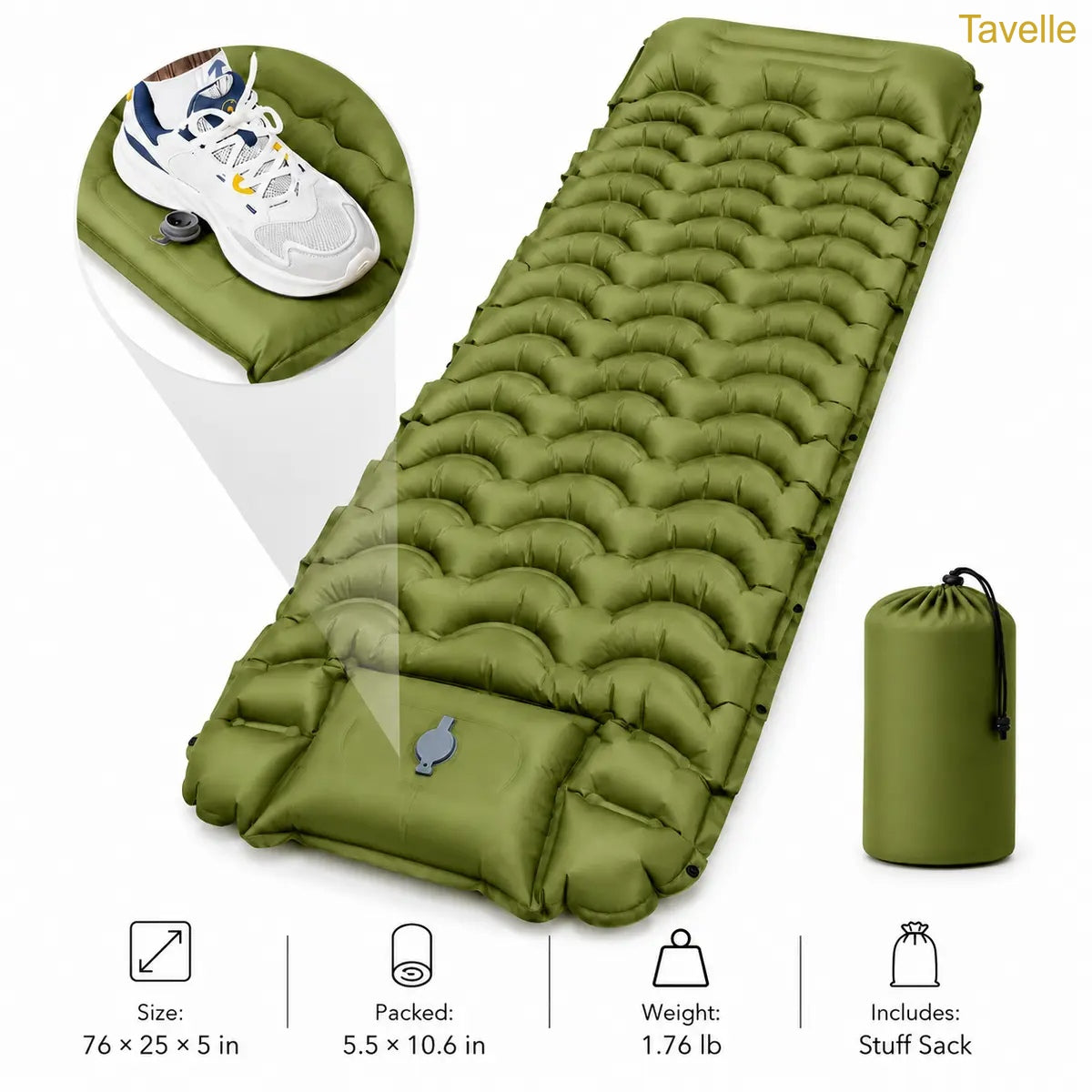Extra Thick 5" Inflatable Camping Sleeping Pad with Built-in Pillow & Pump