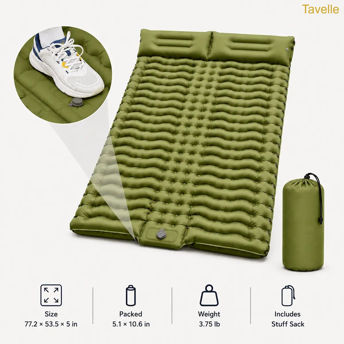 Extra Thick 5" Inflatable Camping Sleeping Pad with Built-in Pillow & Pump
