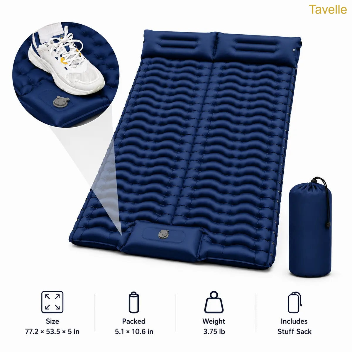 Extra Thick 5" Inflatable Camping Sleeping Pad with Built-in Pillow & Pump